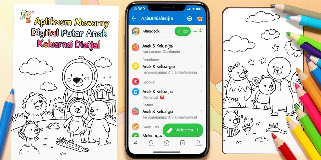 Tampilan antarmuka AJO89 yang ramah anak dan fitur mewarnai.